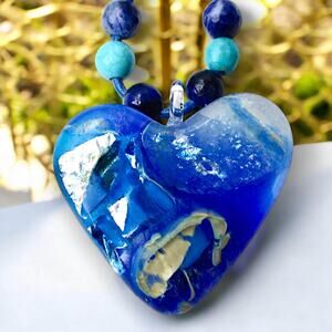 Custom Blue Heart Pendant, Glass Fused, Blue Metallic Leather & beading. 20"